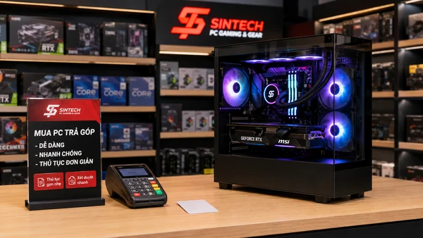 Quầy tư vấn mua PC trả góp với máy quẹt thẻ tại Sintech
