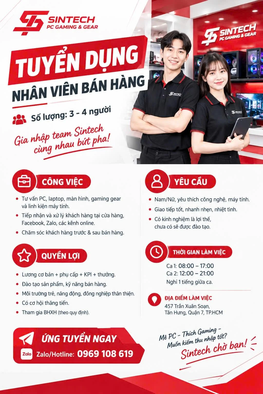 Poster Sintech tuyển nhân viên bán hàng PC gaming và gaming gear Quận 7