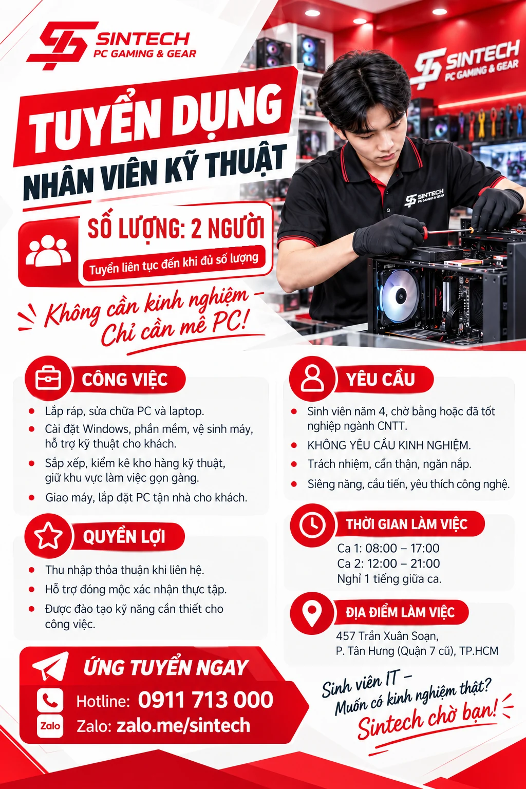 Poster Sintech tuyển 2 nhân viên kỹ thuật, không yêu cầu kinh nghiệm