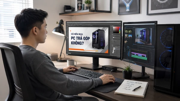 Người dùng làm việc trên bộ PC hai màn hình tại nhà
