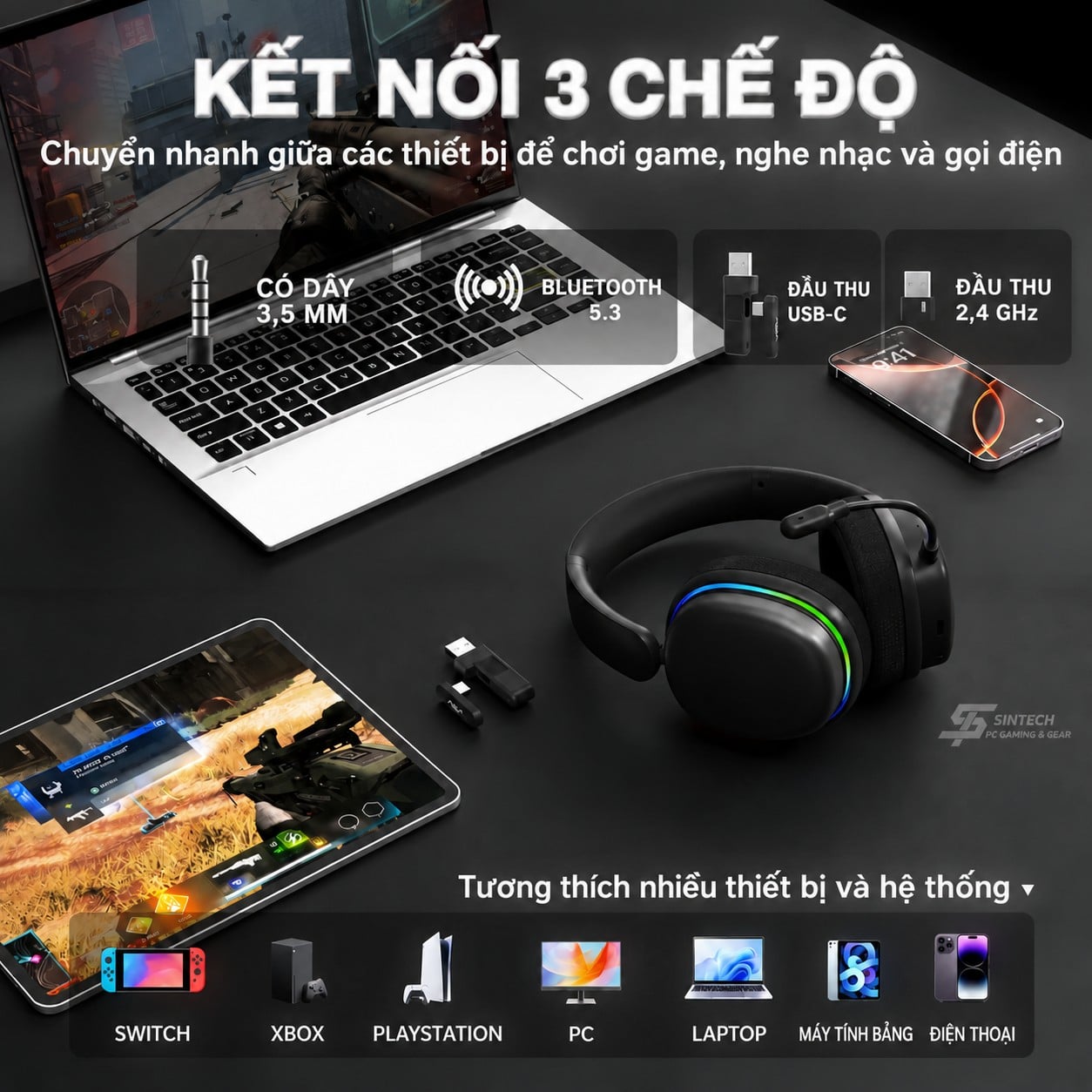 Tai Nghe Gaming AULA G7 Pro 5323 Đen Không Dây