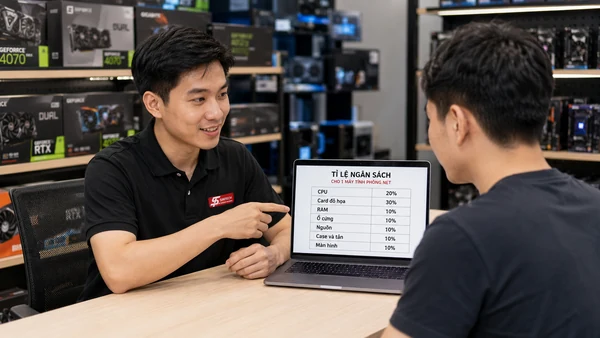 Nhân viên Sintech tư vấn bảng tỉ lệ ngân sách cho một máy quán net