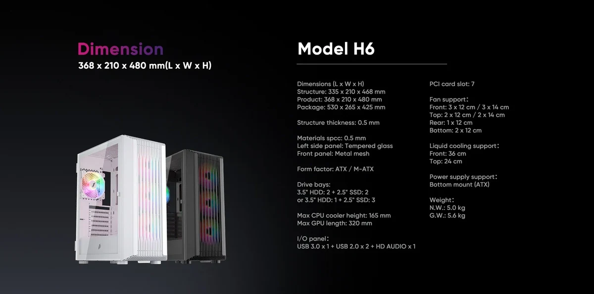 Bảng thông số kỹ thuật Vỏ Case 1STPLAYER H6