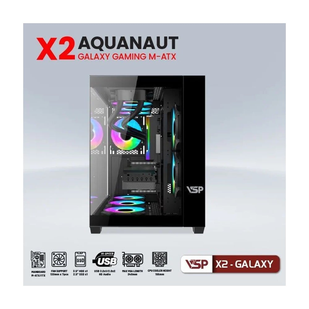 Vỏ Case VSP Aquanaut Pro Gaming X2 Galaxy M-ATX/ITX Đen