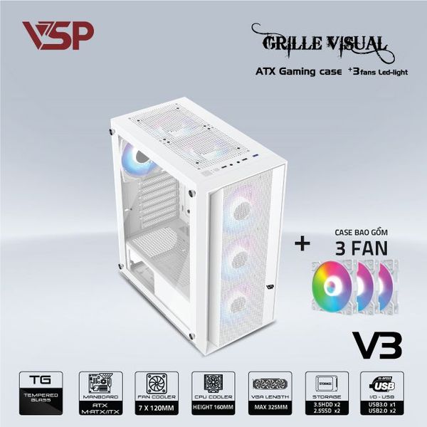 Vỏ Case VSP GAMING V3 ATX/Mid Tower Trắng