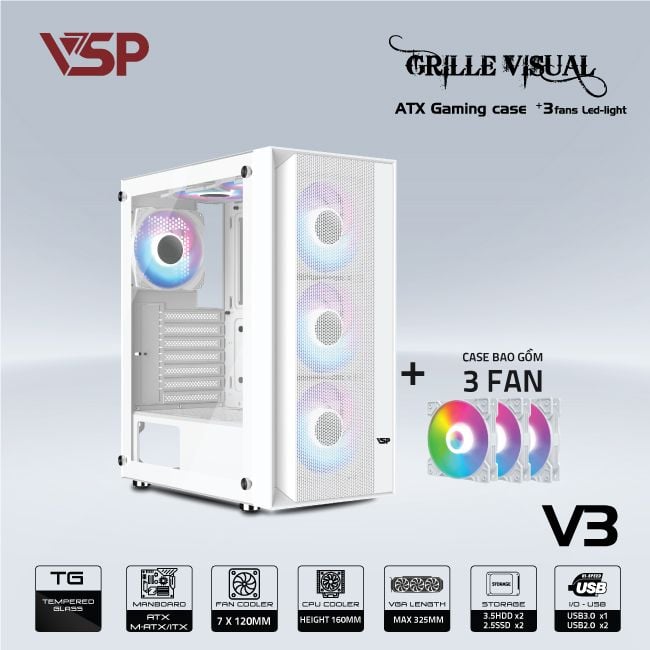 Vỏ Case VSP GAMING V3 ATX/Mid Tower Trắng