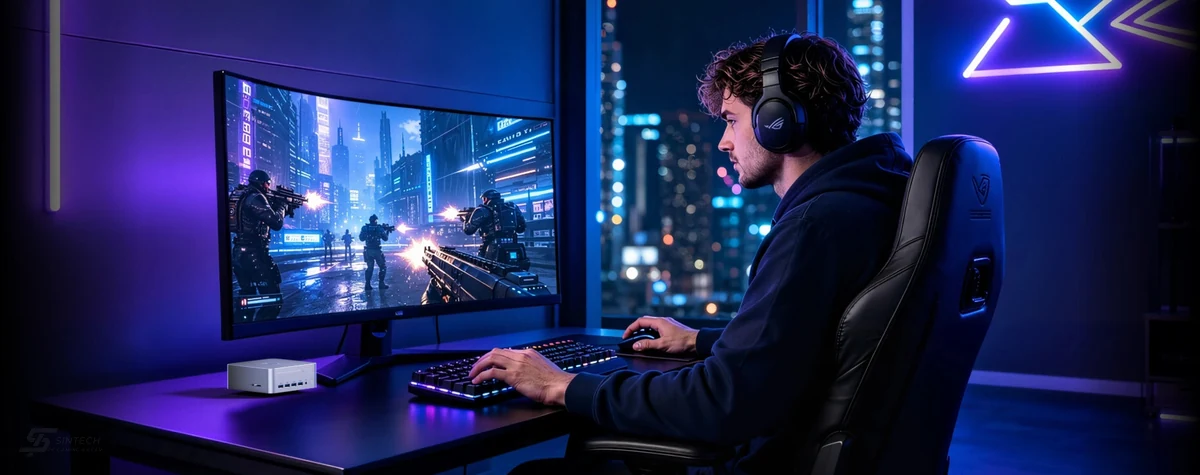 Máy tính mini VZMore AX9 Max đặt trong góc chơi game