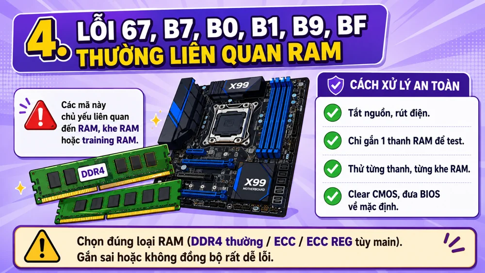 Lỗi 67, B7, B0, B1, B9, BF trên main X99 thường liên quan RAM