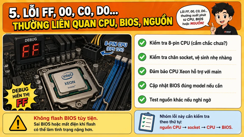Lỗi FF, 00, C0, D0 trên main X99 liên quan CPU, BIOS và nguồn