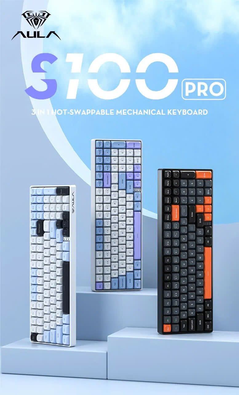 BÀN PHÍM CƠ GAMING AULA S100 PRO (3411) 3 MODE  (Phiên bản Đen+xám+cam/ Red switch)