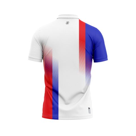 Áo thun đồng phục polo trắng phối họa tiết xanh đỏ