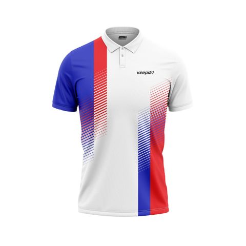 Áo thun đồng phục polo trắng phối họa tiết xanh đỏ