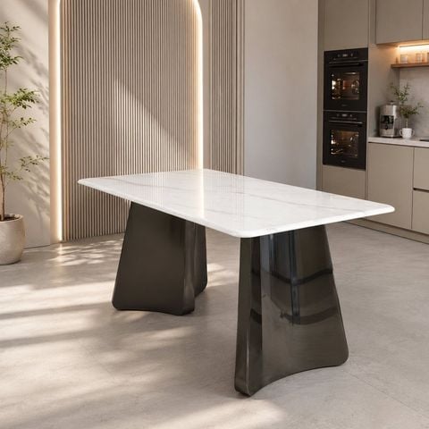 Bàn ăn inox tráng gương HAK92 mặt đá tinh thể