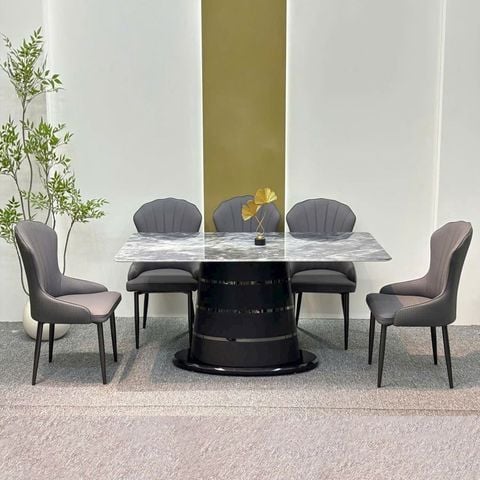 bộ bàn ăn hiện đại Laviehome mặt đá vân mây và ghế bọc da