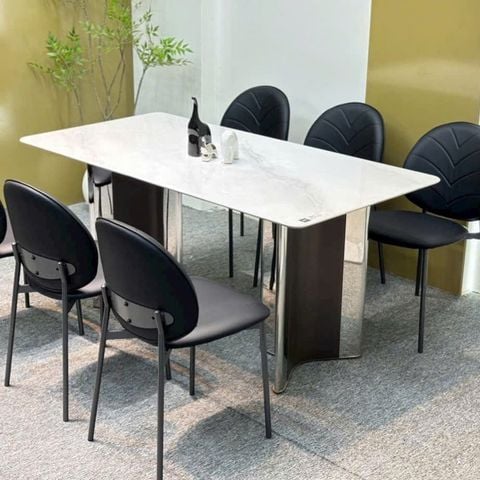 bàn ăn mặt đá chữ nhật chân trụ nghệ thuật sang trọng