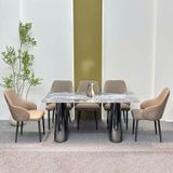  Bàn Ăn Mặt Đá Cao Cấp VNT151 – Thiết Kế Mặt Đá Vi Tinh Thể Kết Hợp Chân Inox Titan Mạ Vàng 