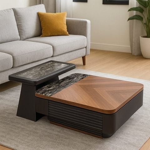 bàn trà đôi mặt đá phối gỗ