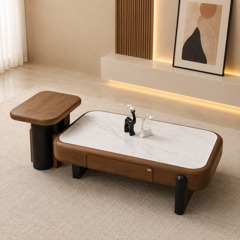 Bàn trà đôi MTA368 mặt kính 3D vân đá khung gỗ sơn PU cao cấp Laviehome