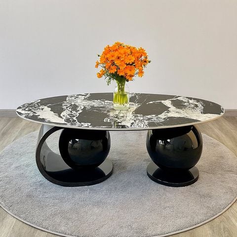 bàn trà oval mặt đá cao cấp VSBT102 sang trọng trắng vân đen