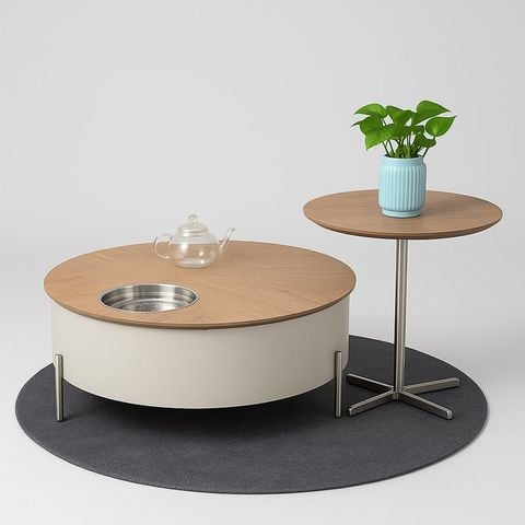 Bàn trà đôi tròn ADBT01 mặt gỗ veneer vân óc chó chân thép mạ Laviehome