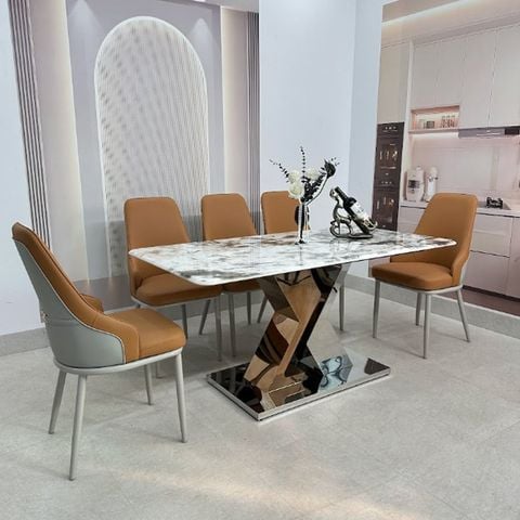 Bộ bàn ăn 6 ghế HAK7 kèm ghế màu cam Iris HAG51
