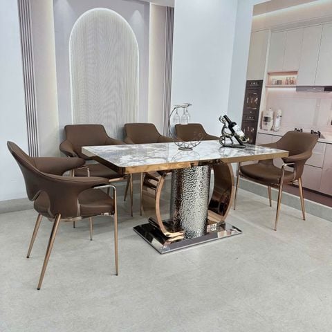 Bộ bàn ăn mặt đá vi tinh thể HAK96 và 6 ghế Luxero