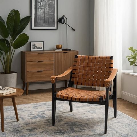 ghế thư giãn đan dây da khung gỗ sang trọng