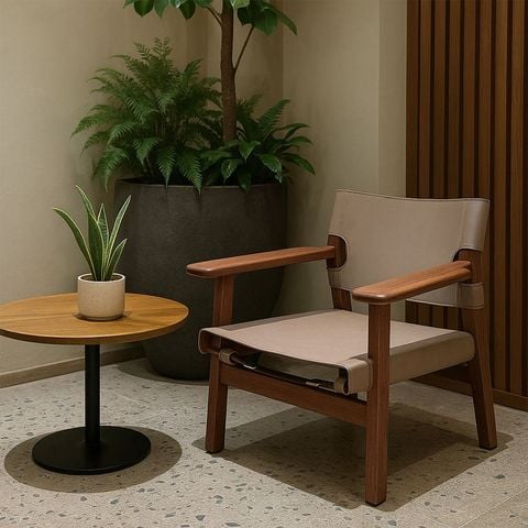 ghế thư giãn da màu be khung gỗ tự nhiên