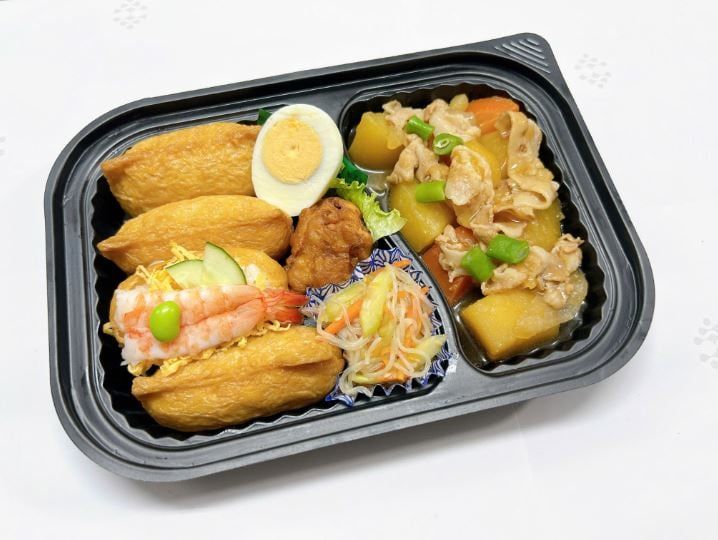  06月04日（木）：あじさい　いなり寿司と鶏の唐揚げ・肉じゃが弁当     （エクレア付） 