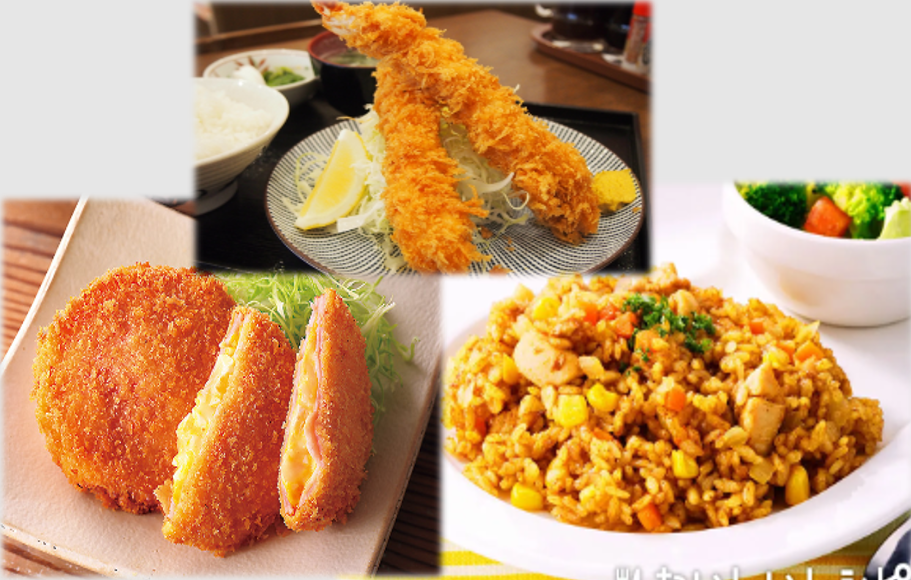  04月23日（木）：  『 元気もりもり！カレーチキンピラフ』エビフライ ＆ たまごチーズハムカツ！    （ポップコーン付） 