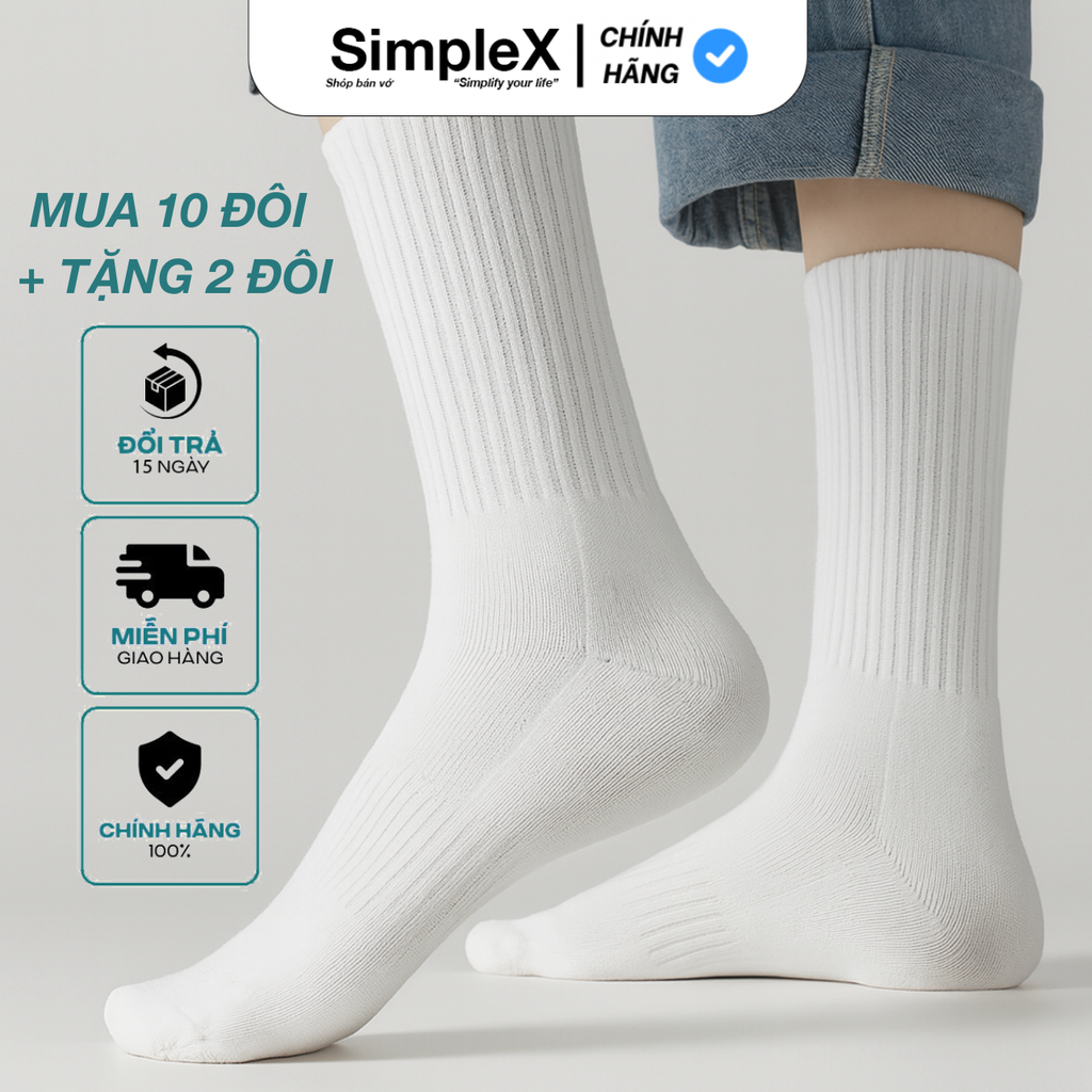 [SimpleX][SET 10 ĐÔI + TẶNG 2] Tất Vớ Nam Nữ Cổ Cao, Cổ Lửng, Cotton,