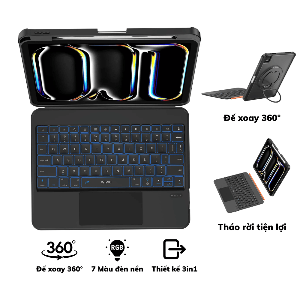 Case Kèm Bàn Phím Bluetooth iPad WIWU MK-007 Pro Đế Xoay 360°