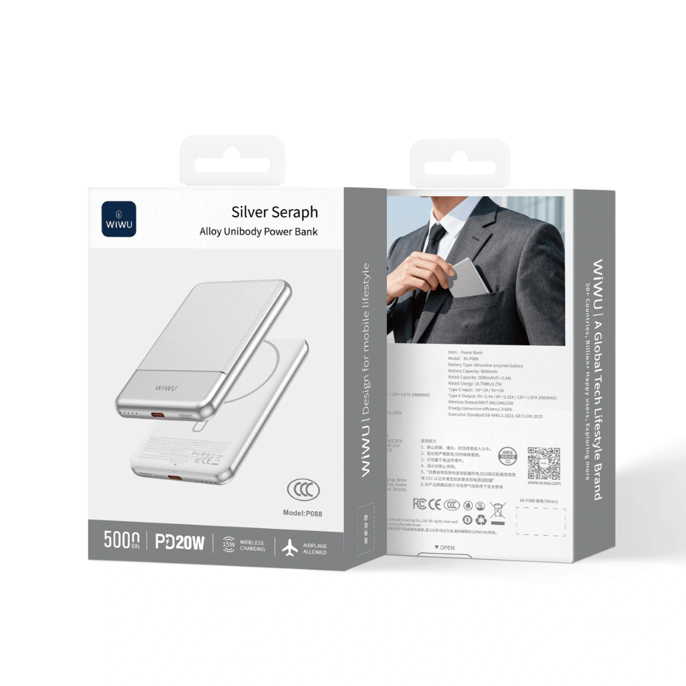 Pin/ Sạc Dự Phòng Không Dây WiWU Silver Seraph Alloy Unibody