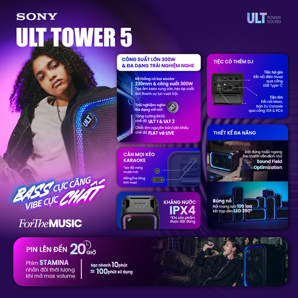 ULT TOWER 5 | Loa tiệc Sony SRS-ULT500: Âm thanh khuấy động, bùng nổ không gian