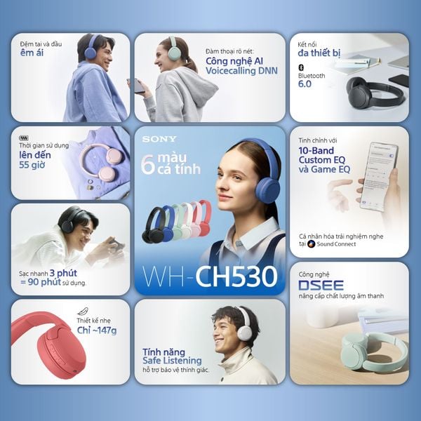 Sony WH-CH530 Tai Nghe Không Dây | Pin Khủng 55 Giờ, Đàm Thoại AI, Nhẹ 150g