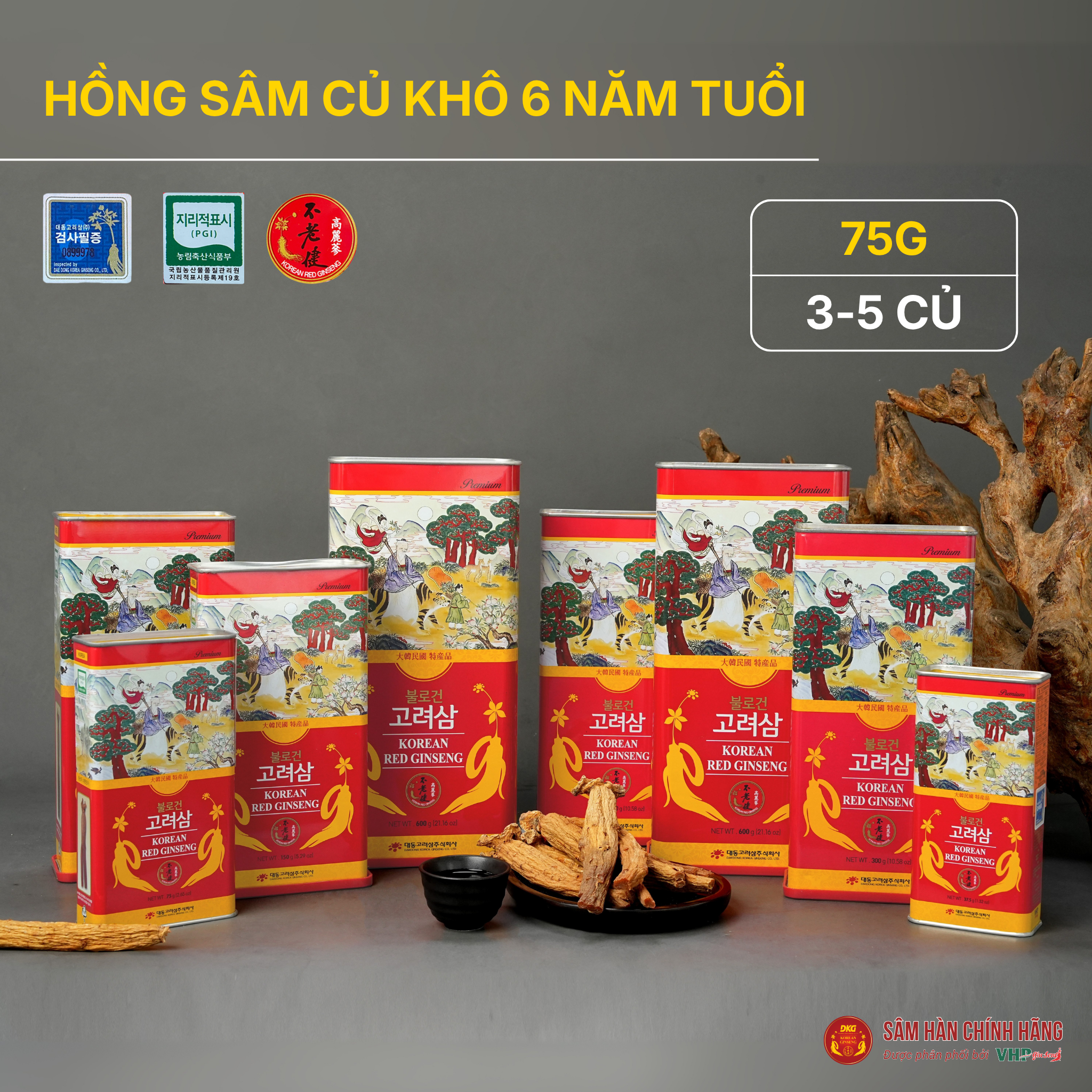  Hồng sâm củ khô 6 năm tuổi (Korean Red Ginseng 6Y 3-5 Root) 75g/hộp 