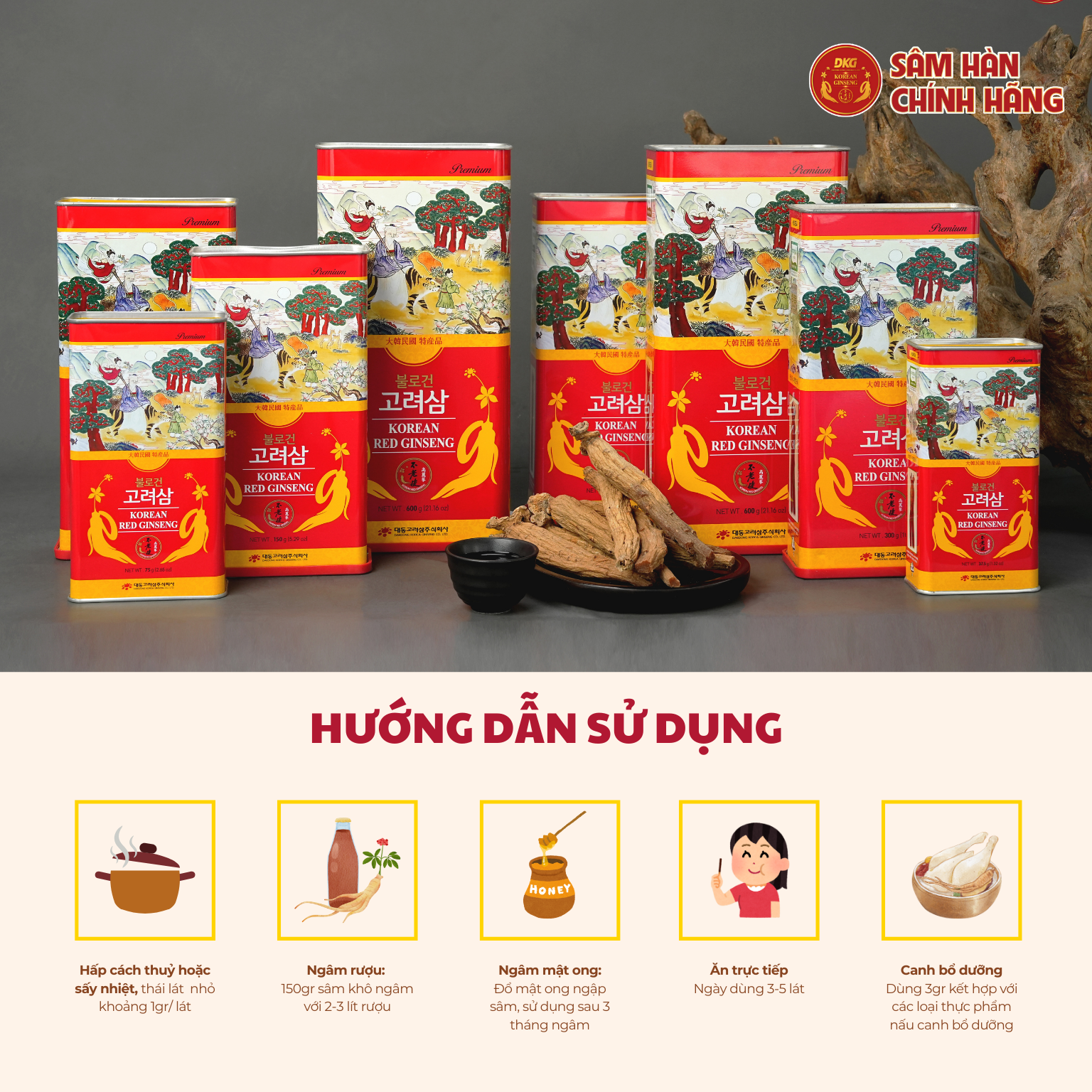  Hồng sâm củ khô 6 năm tuổi (Korean Red Ginseng 6Y 10 Root) 300g/hộp 