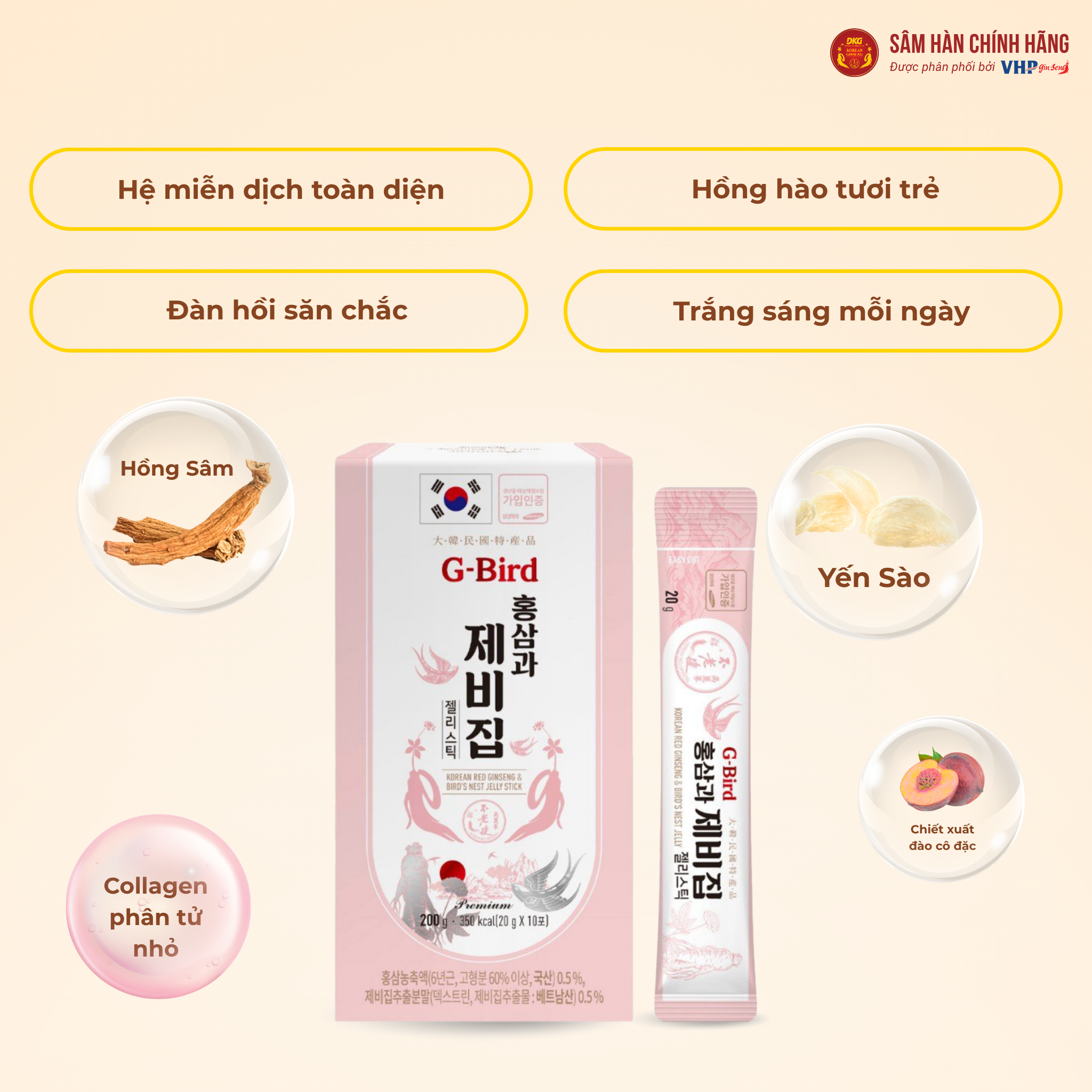  Hồng sâm yến sào G - Bird dạng thạch (Korean red Gingseng & Birds nest Jelly Stick) 20g*30/hộp 