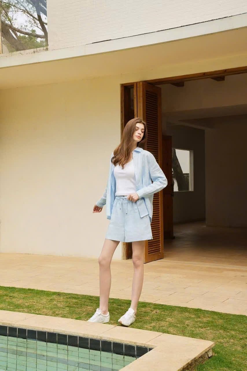  1.Bộ Áo sơ mi và quần sooc vải cạp chun - xanh Flax set 