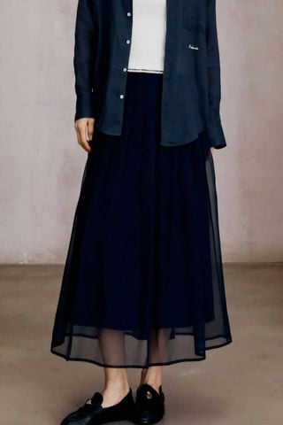  1.Chân váy lụa tơ tằm xếp ly màu navy đậm 