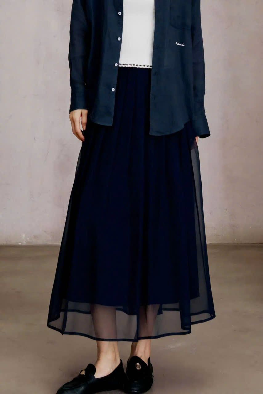  1.Chân váy lụa tơ tằm xếp ly màu navy đậm 
