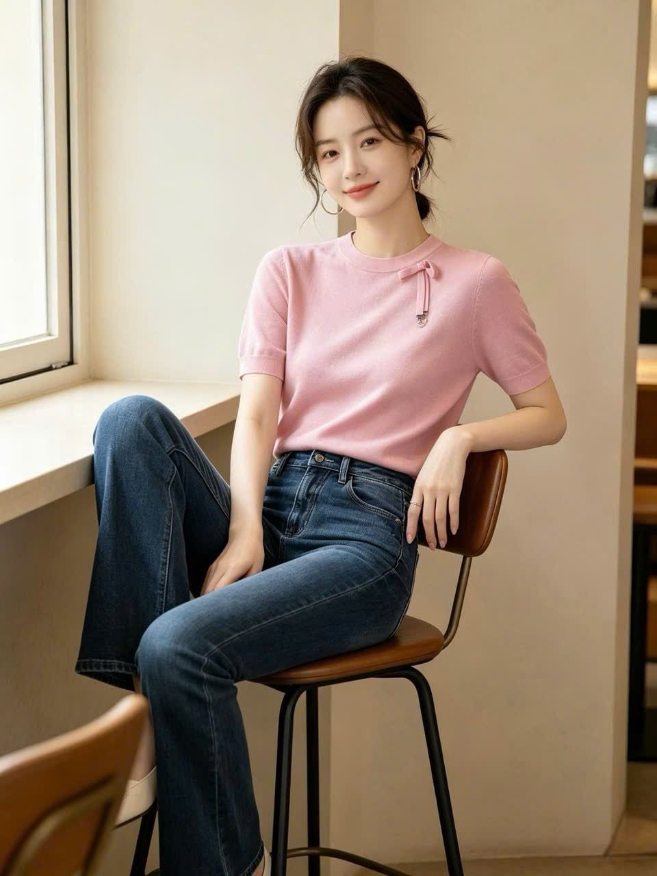  Áo hồng bo gấu, 1 bên cổ đính nơ hồng 