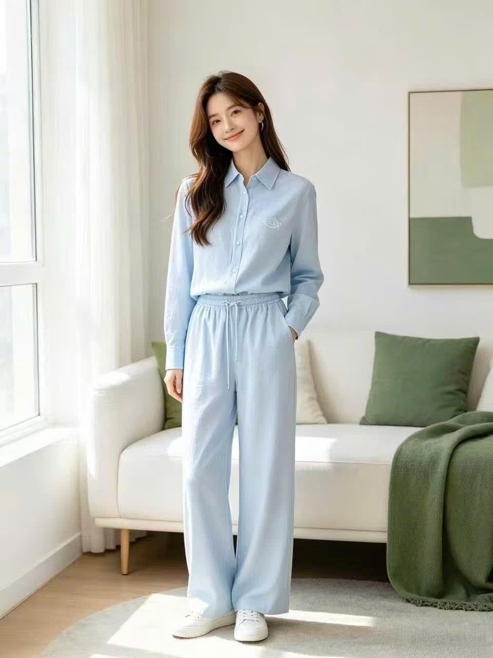  1.Quần dài xanh flax cạp chun dây rút (SET) 