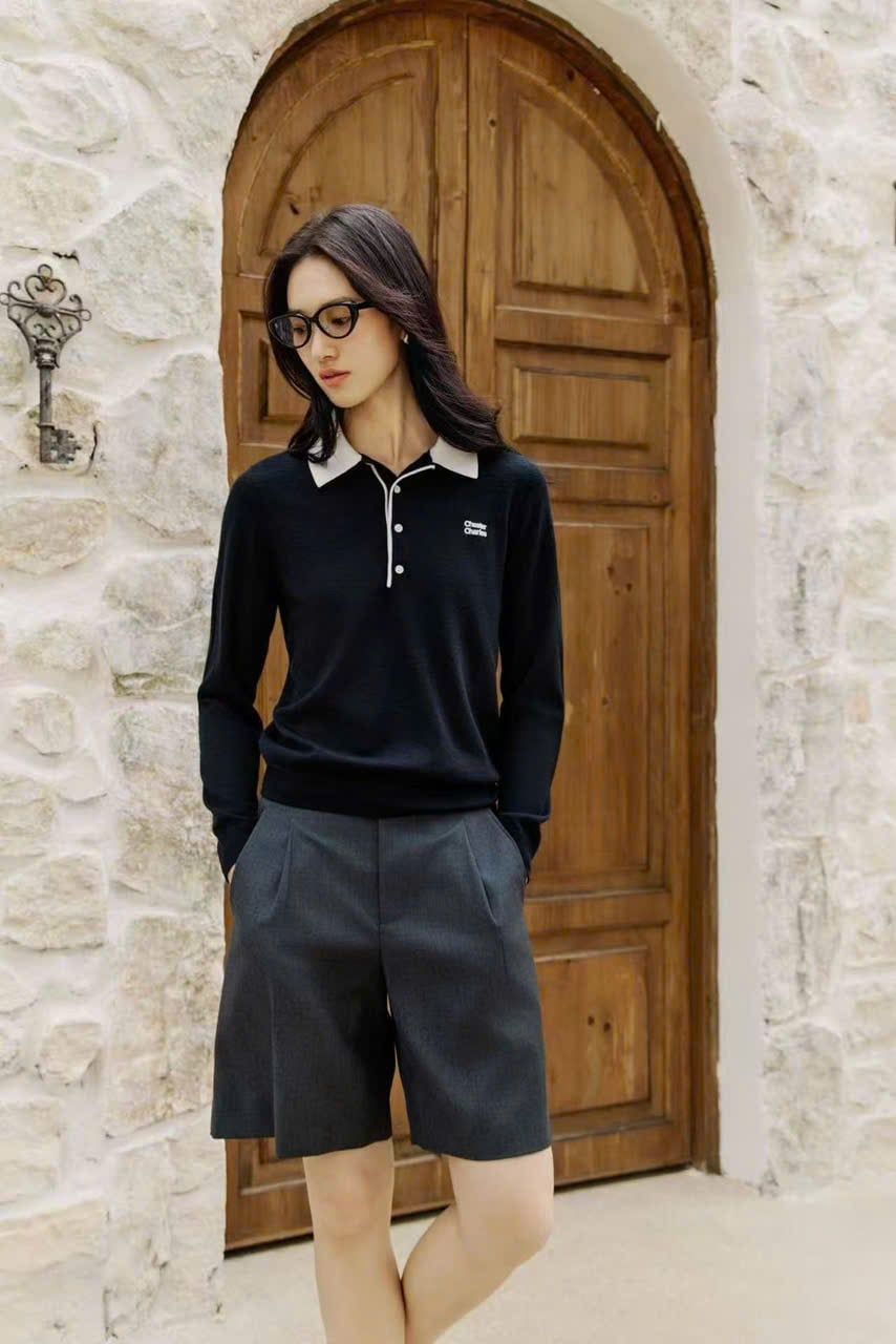  Áo Len Polo Dài Tay Phối Cổ Trắng 