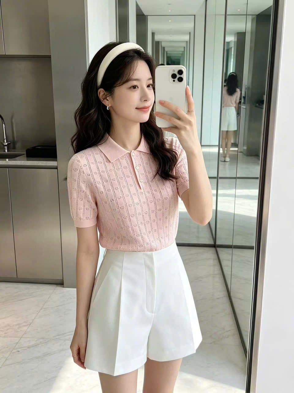  Áo polo hồng full logo, 3 cúc ngọc 