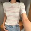  Áo thun tăm kẻ sọc hồng, cổ tròn dáng ôm thêu gấu 