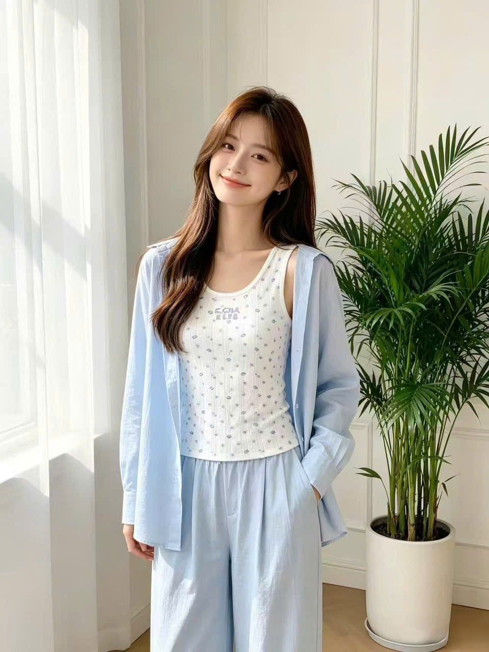  1.Quần dài xanh flax cạp chun dây rút (SET) 