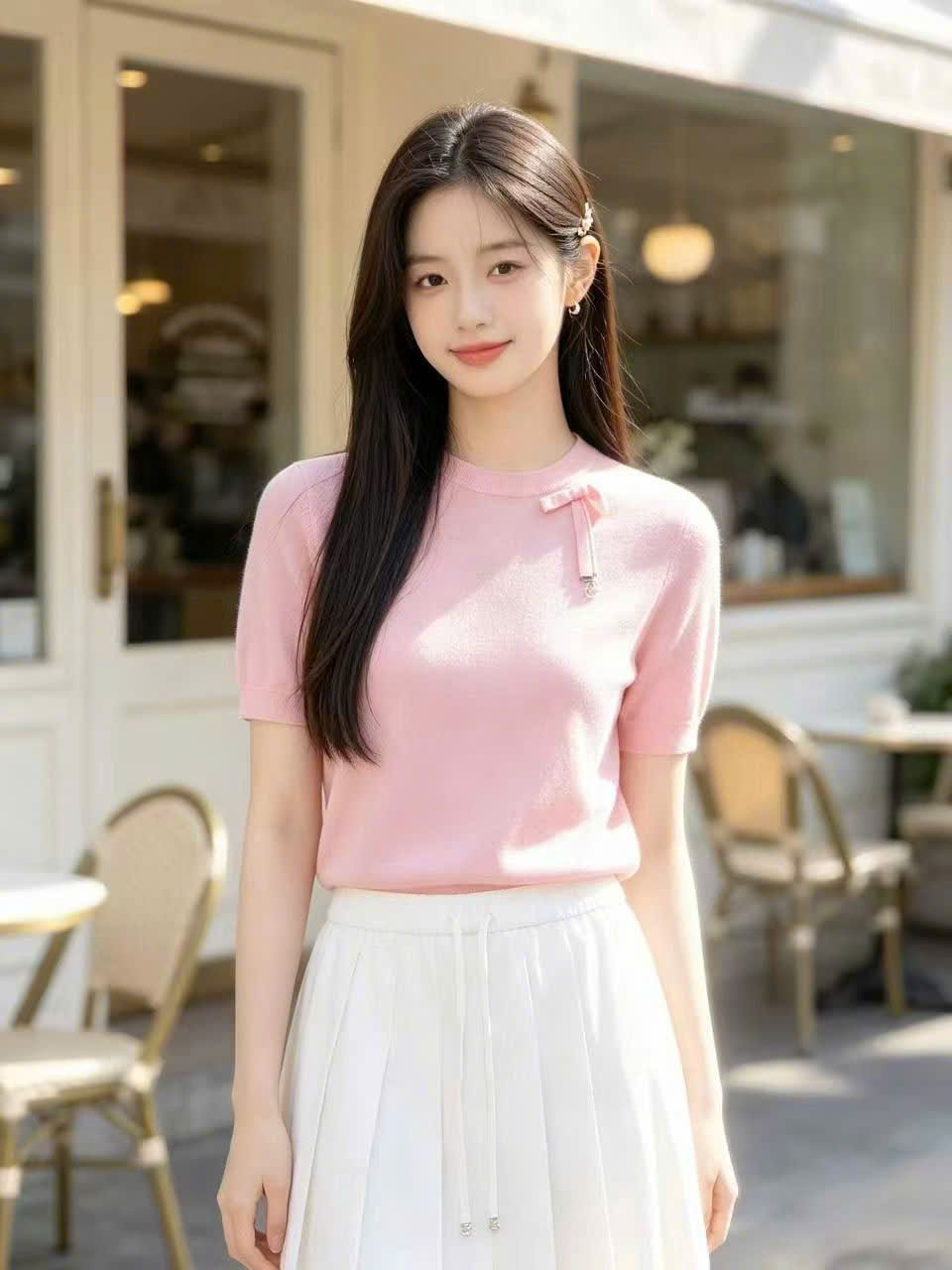  Áo hồng bo gấu, 1 bên cổ đính nơ hồng 