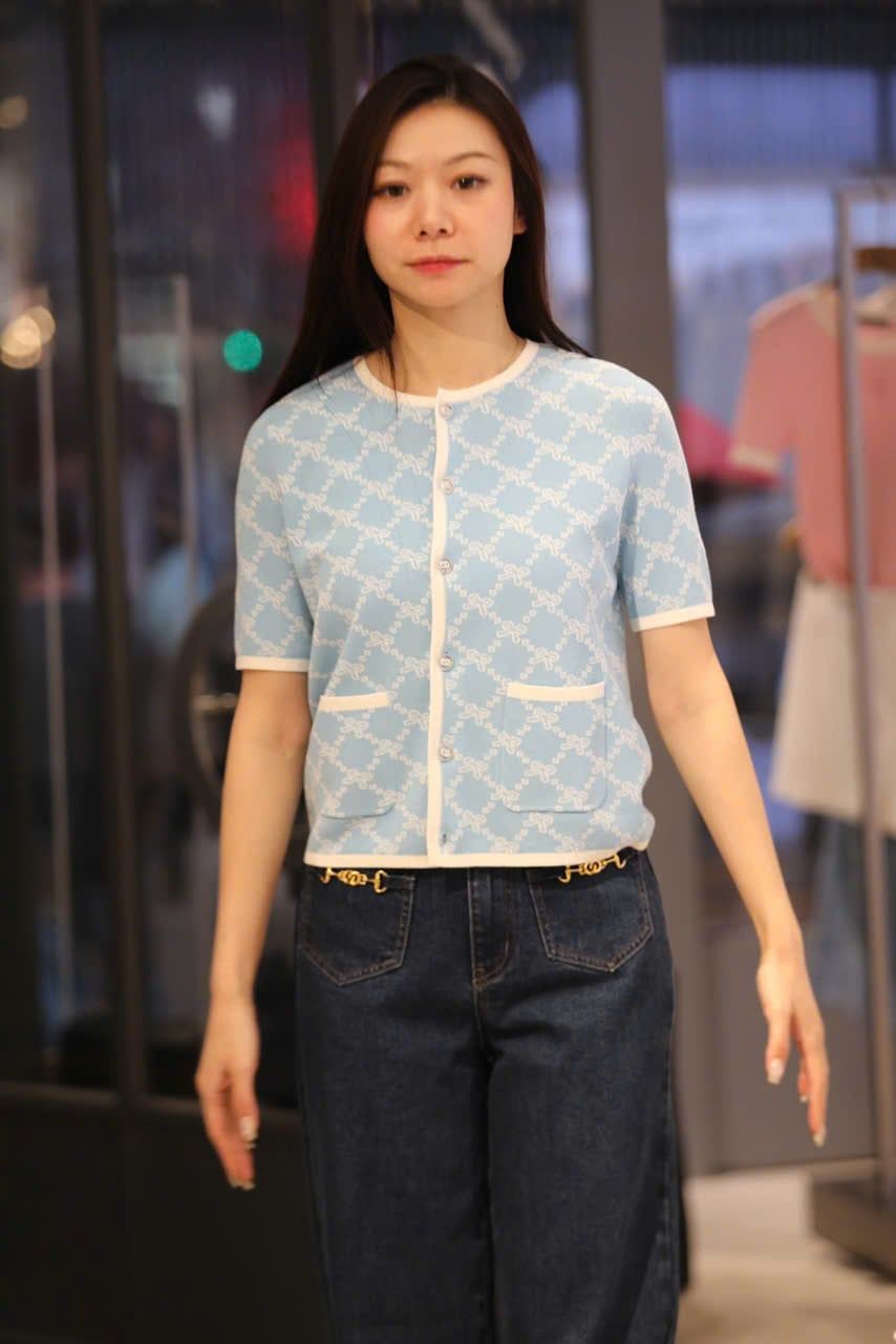  Áo CDG xanh full logo nơ trắng 