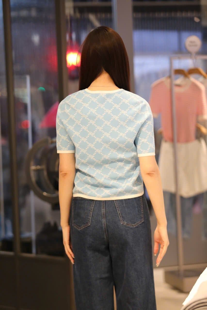  Áo CDG xanh full logo nơ trắng 